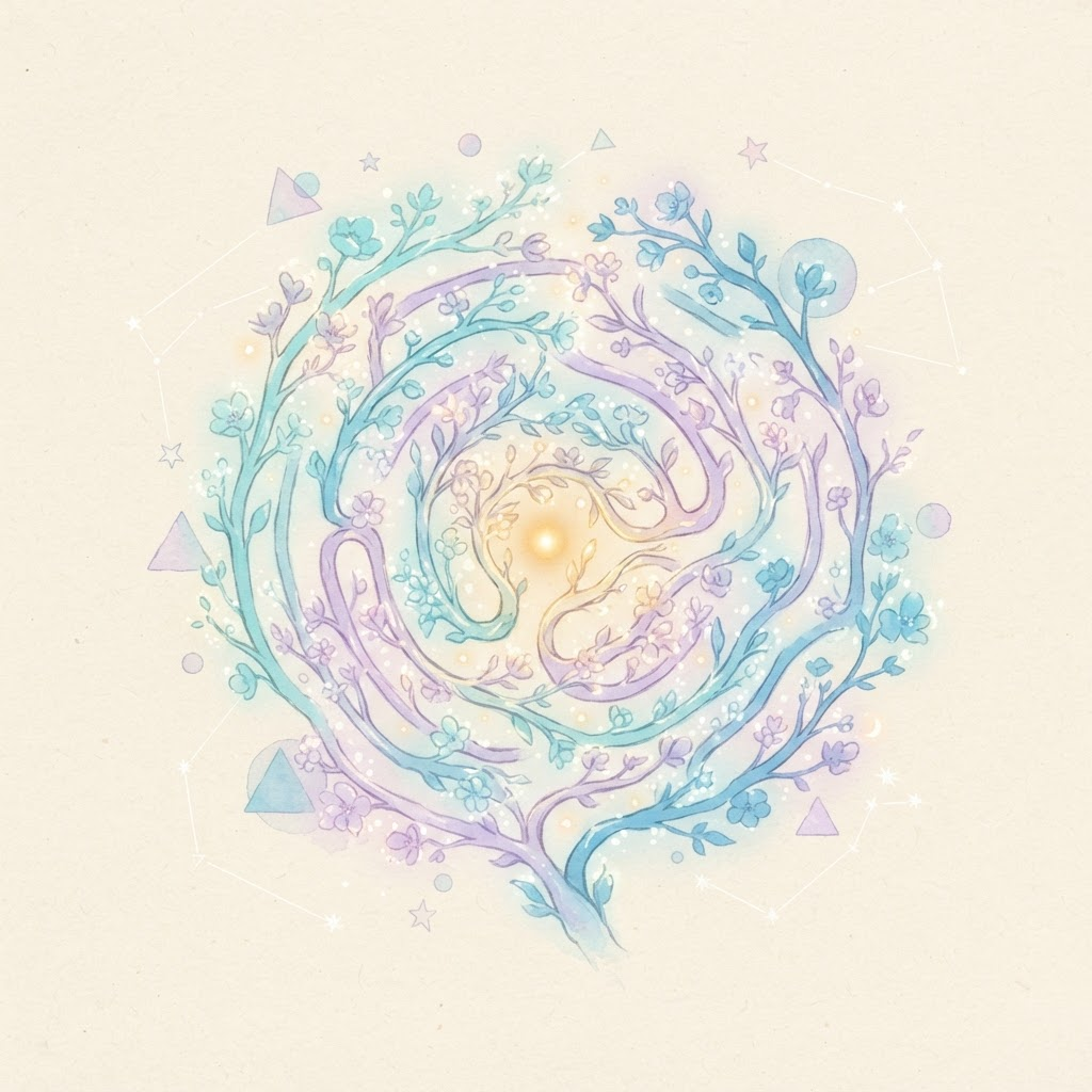 Watercolor labyrinth of flowering branches with a golden light finding its way through