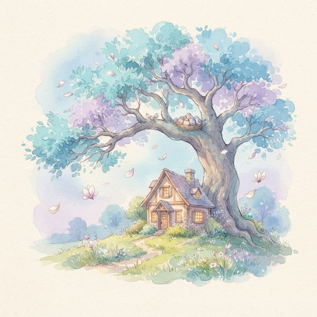 Watercolor tree sheltering a cozy home with birds nesting together