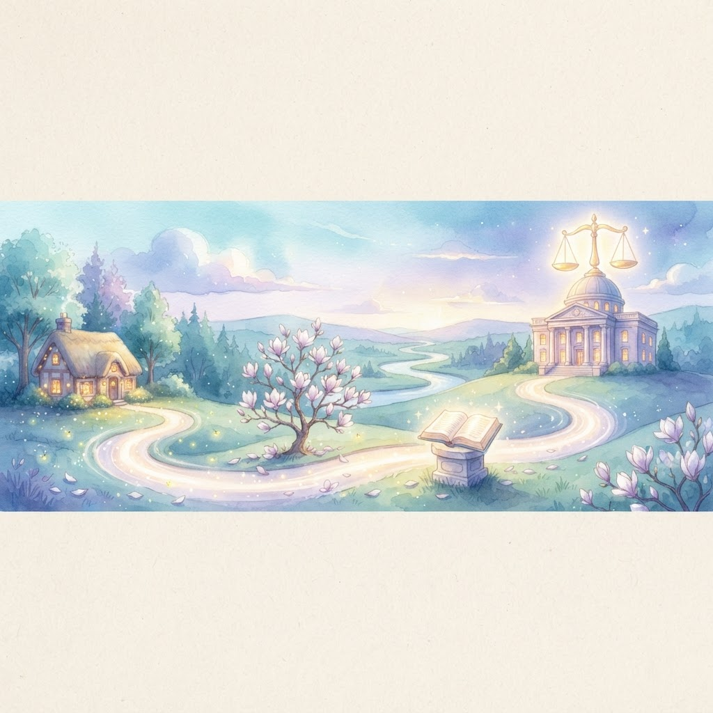 A watercolor path winding from a small home, past a flowering tree and an open book, toward a glowing courthouse