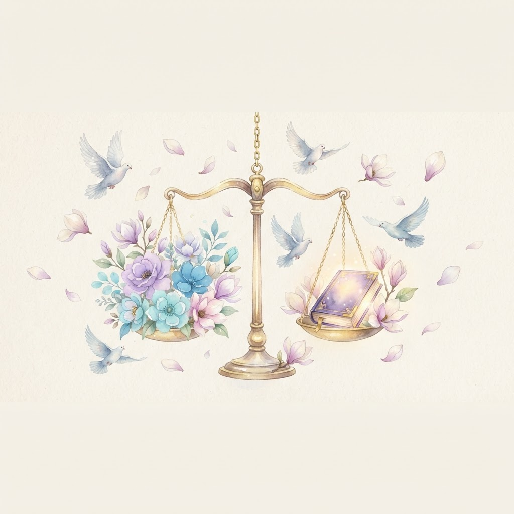 Watercolor scales of justice balancing flowers and a glowing book