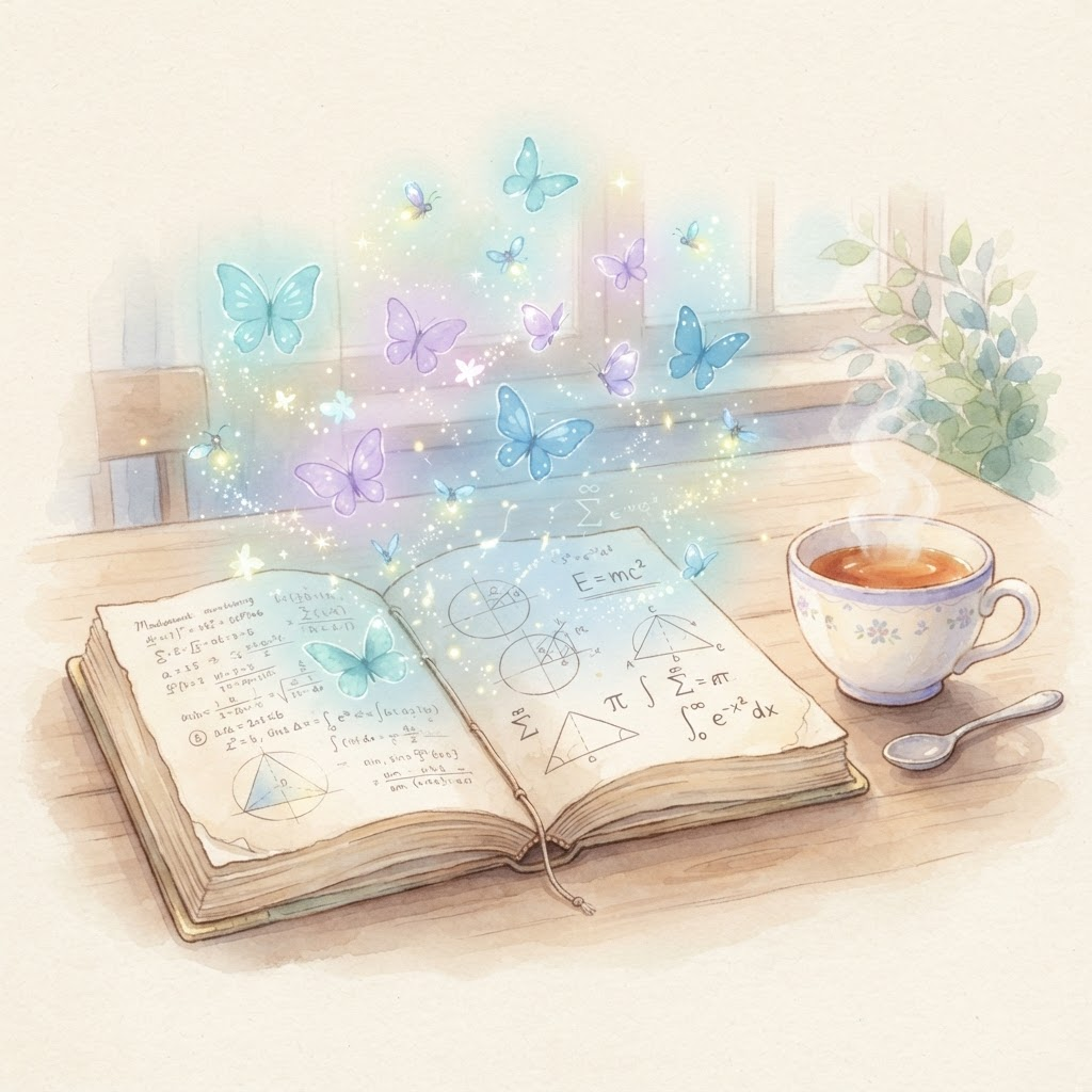 Watercolor notebook with equations rising off the page like glowing fireflies