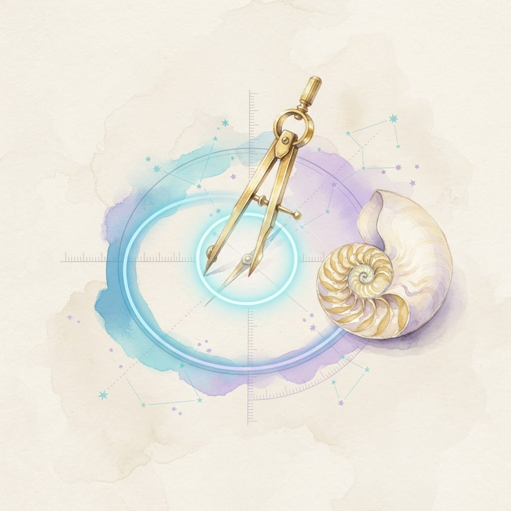 Watercolor golden compass drawing a perfect luminous circle